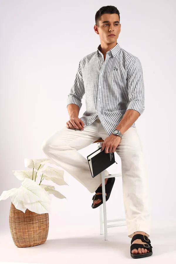 White_&_Charcoal_Black_Linen_100%_Pure_Cotton_Striped_Shirt_For_Men