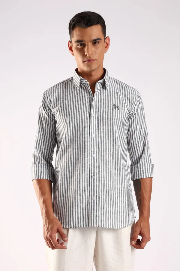 White_&_Charcoal_Black_Linen_100%_Pure_Cotton_Striped_Shirt_For_Men