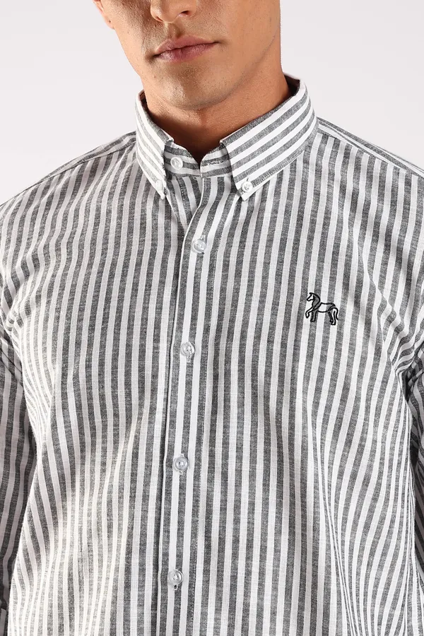 White_&_Charcoal_Black_Linen_100%_Pure_Cotton_Striped_Shirt_For_Men