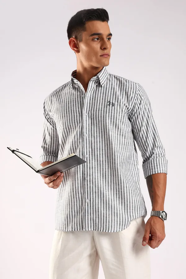 White_&_Charcoal_Black_Linen_100%_Pure_Cotton_Striped_Shirt_For_Men