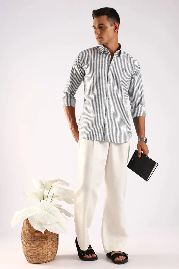 White_&_Charcoal_Black_Linen_100%_Pure_Cotton_Striped_Shirt_For_Men