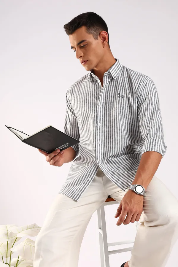 White_&_Charcoal_Black_Linen_100%_Pure_Cotton_Striped_Shirt_For_Men
