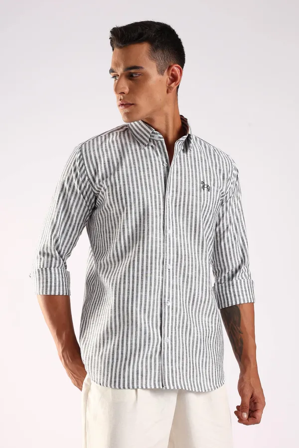 White_&_Charcoal_Black_Linen_100%_Pure_Cotton_Striped_Shirt_For_Men