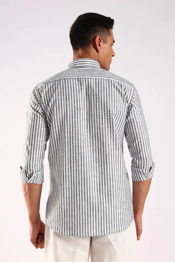 White_&_Charcoal_Black_Linen_100%_Pure_Cotton_Striped_Shirt_For_Men