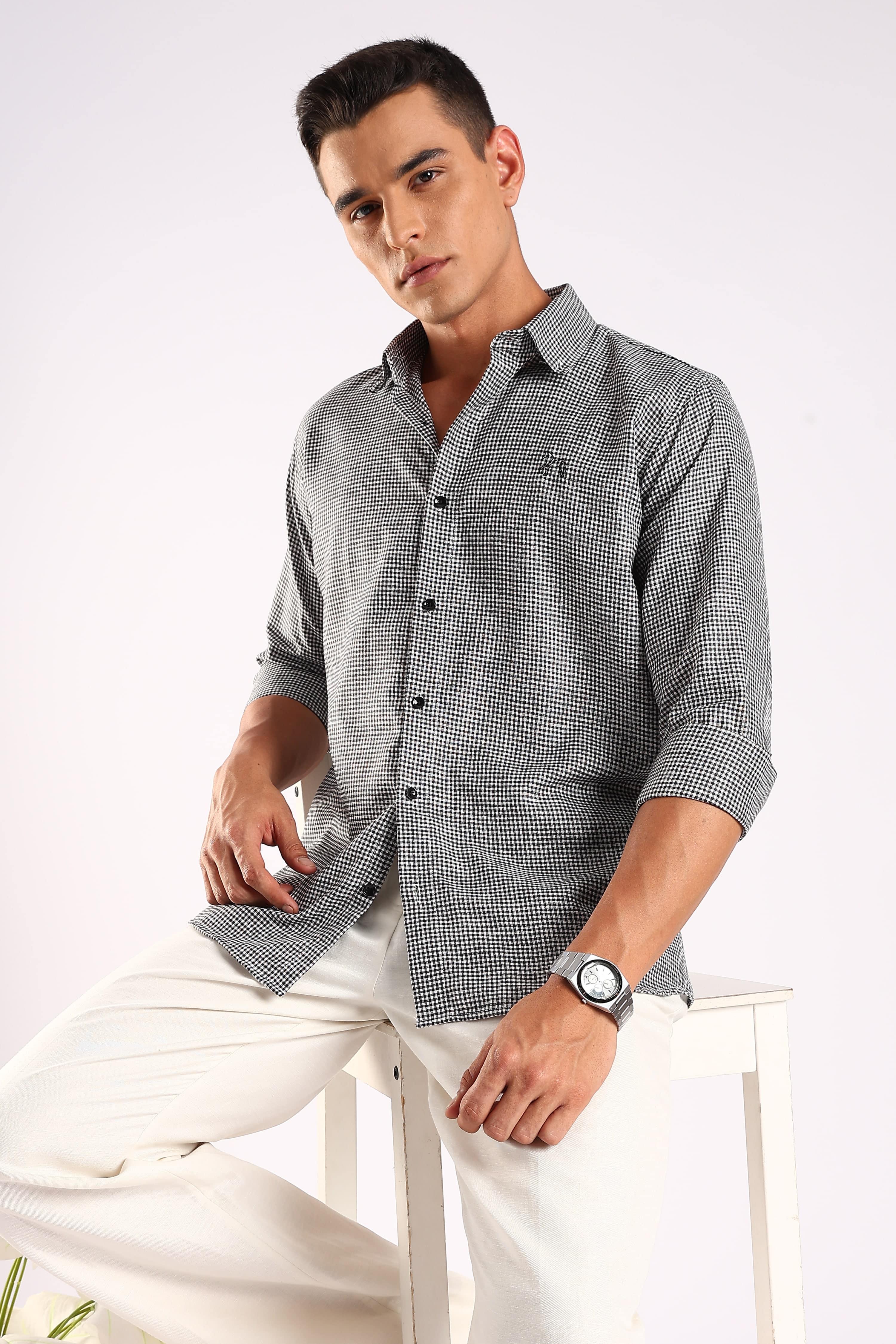 Black_Linen_100%_Pure_Cotton_Blend_Opaque_Checked_Shirt_For_Men