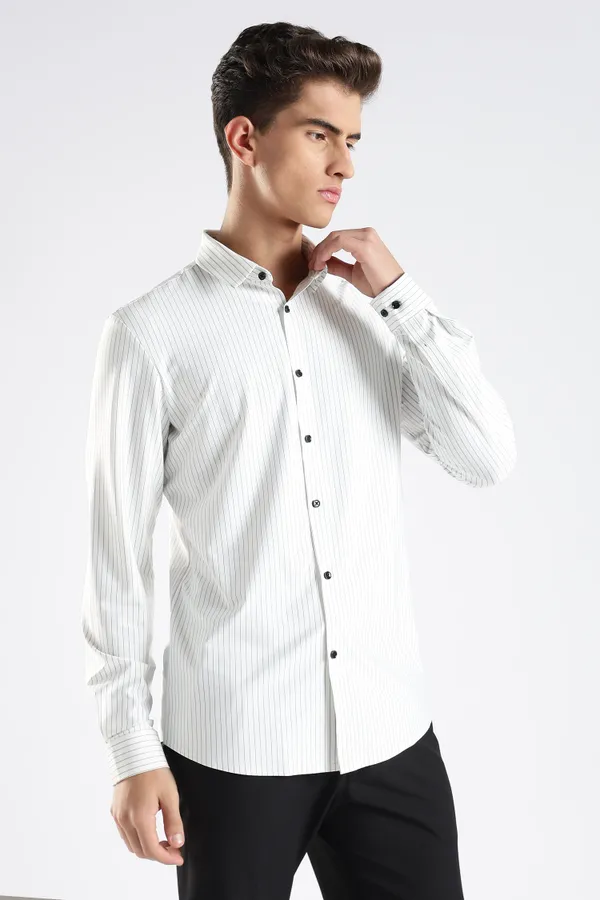 White_Nylon_Spandex_Striped_Shirt_For_Men
