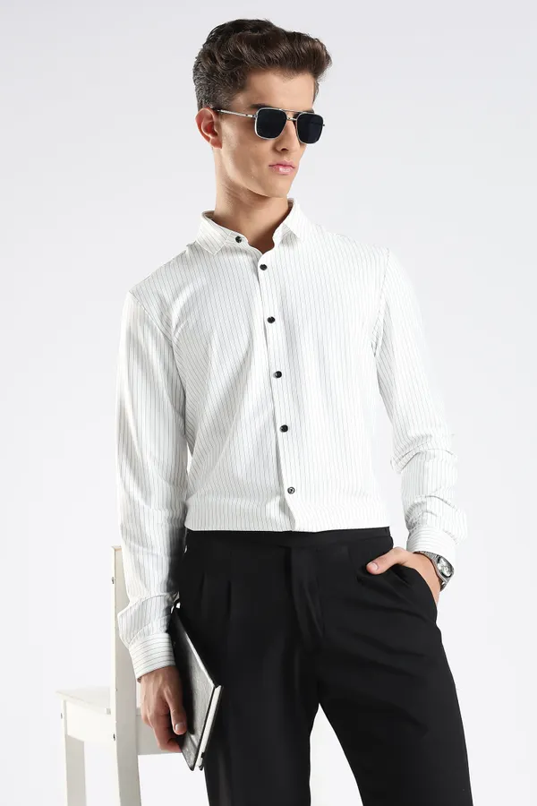 White_Nylon_Spandex_Striped_Shirt_For_Men