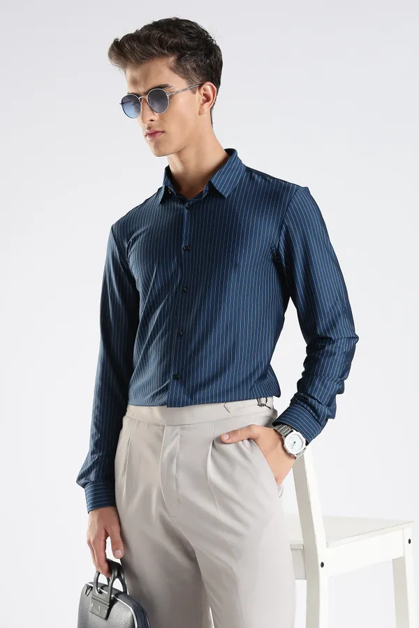 Navy_Blue_Nylon_Spandex_Pinstripe_Shirt_For_Men