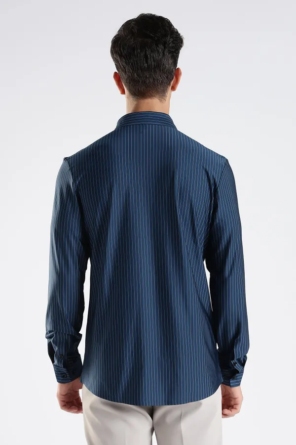 Navy_Blue_Nylon_Spandex_Pinstripe_Shirt_For_Men