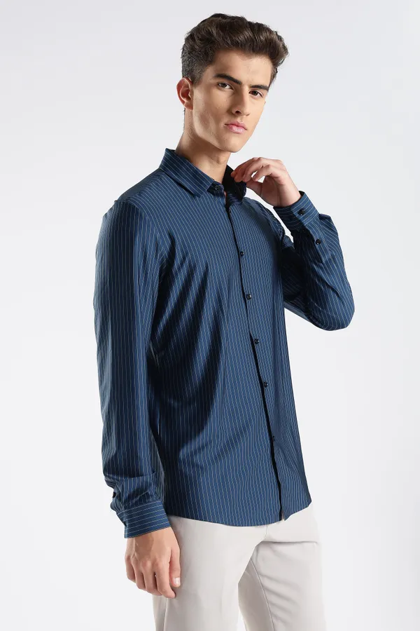 Navy_Blue_Nylon_Spandex_Pinstripe_Shirt_For_Men