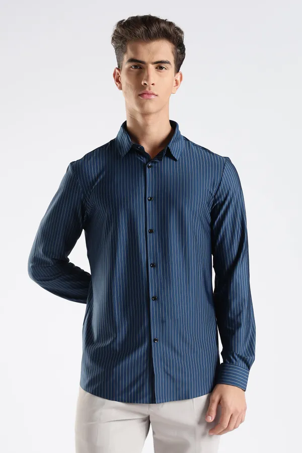 Navy_Blue_Nylon_Spandex_Pinstripe_Shirt_For_Men