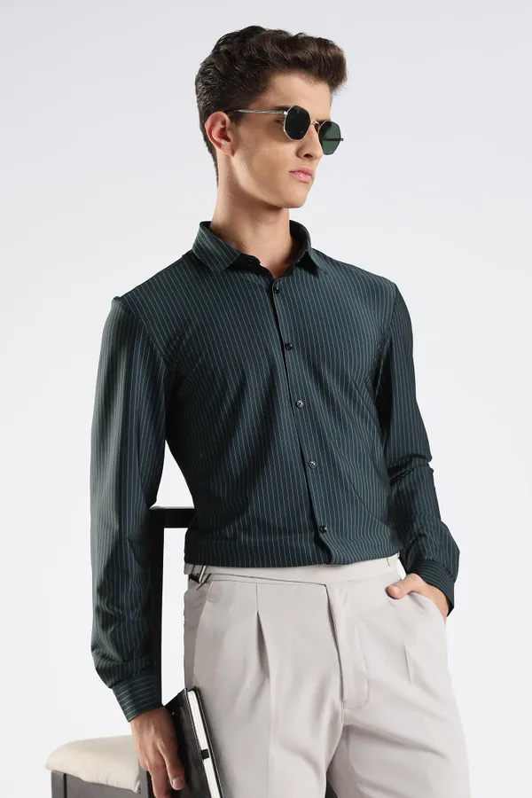 Green_Nylon_Spandex_Pinstripe_Shirt_For_Men