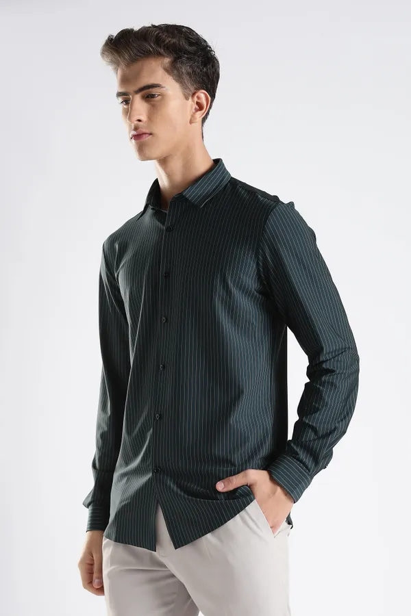 Green_Nylon_Spandex_Pinstripe_Shirt_For_Men