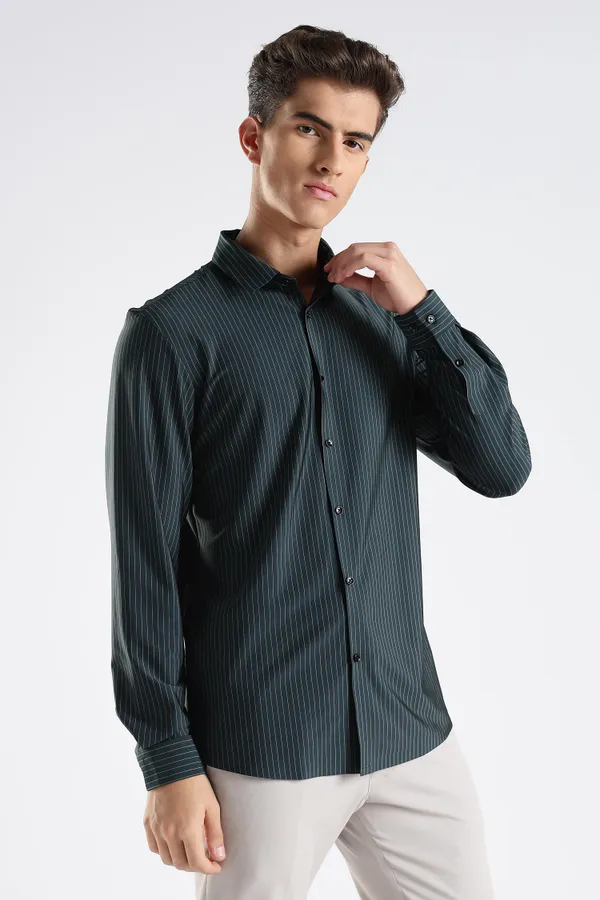 Green_Nylon_Spandex_Pinstripe_Shirt_For_Men