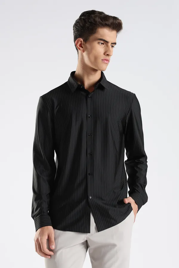 Black_Nylon_Spandex_Pinstripe_Shirt_For_Men