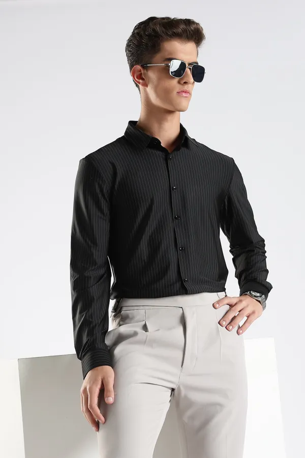 Black_Nylon_Spandex_Pinstripe_Shirt_For_Men