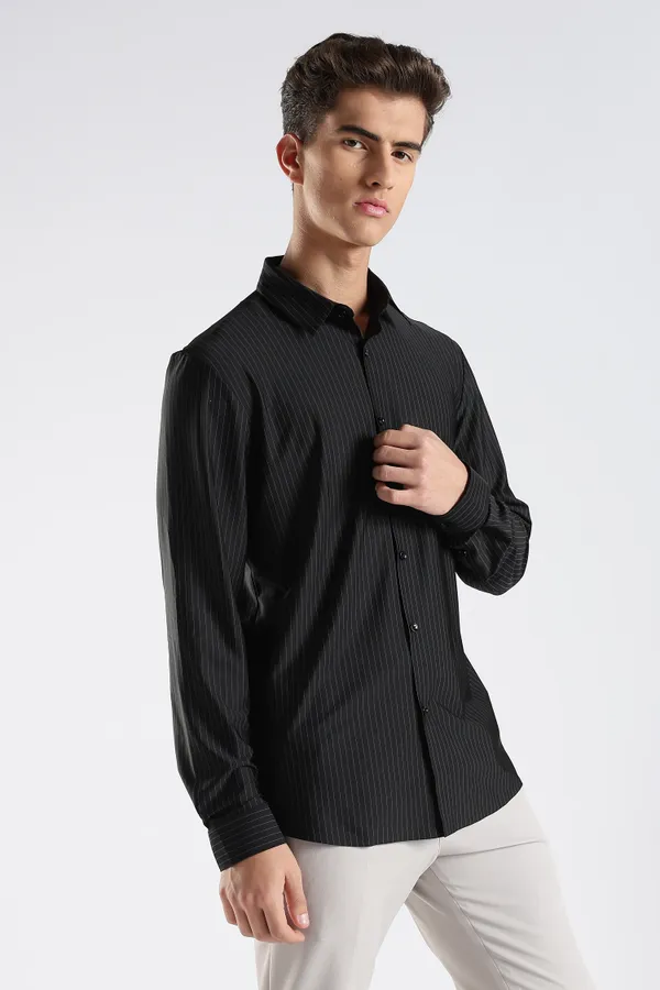 Black_Nylon_Spandex_Pinstripe_Shirt_For_Men