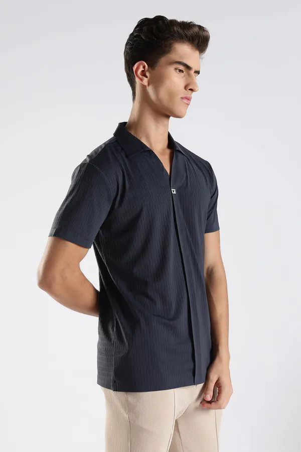 Deep_Navy_Blue_Nylon_Spandex_Stitchless_T-Shirt_For_Men