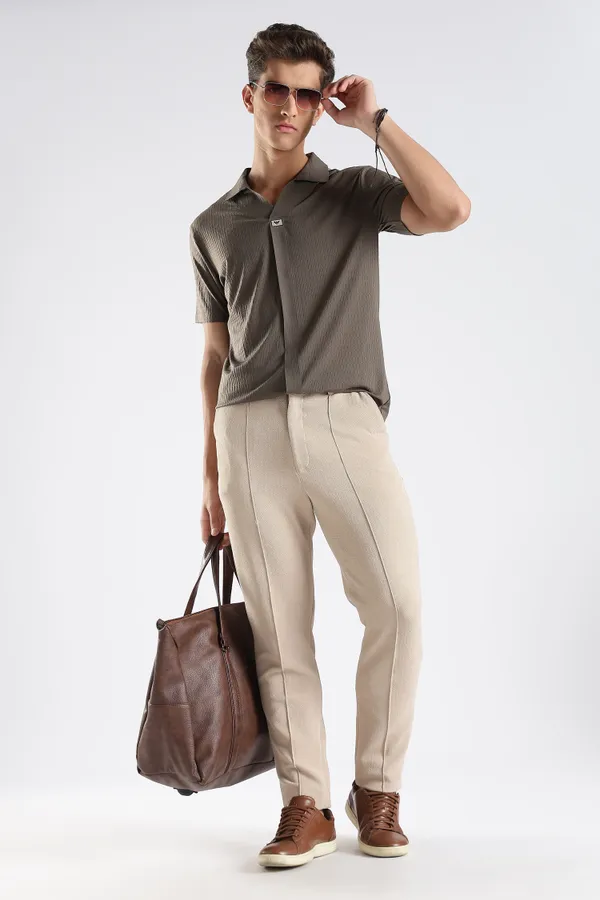 Taupe_Brown_Nylon_Spandex_Stitchless_T-Shirt_For_Men