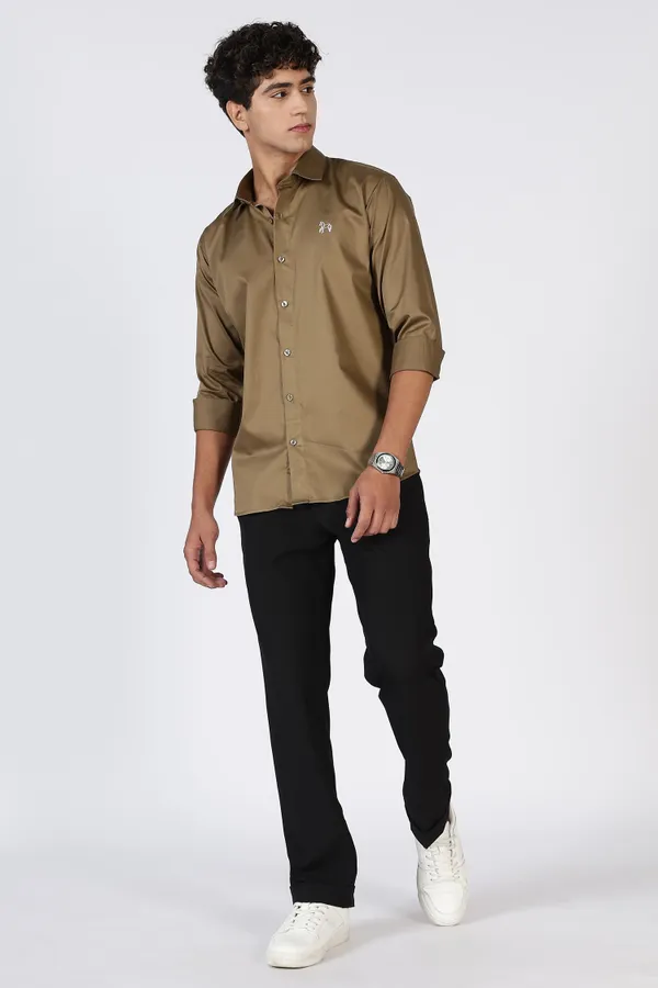 Khaki_Full_Sleeve_Pure_Satin_100%_Pure_Cotton_Shirt_For_Men