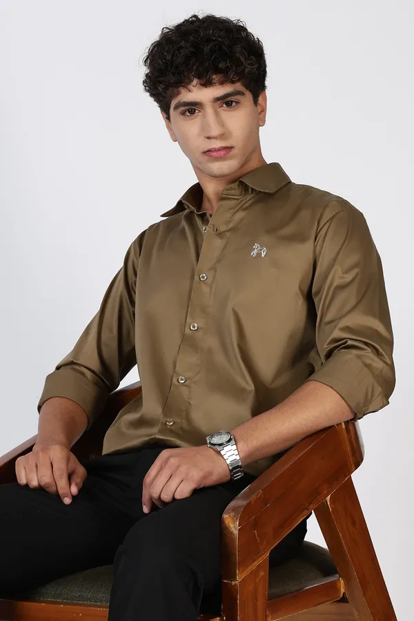 Khaki_Full_Sleeve_Pure_Satin_100%_Pure_Cotton_Shirt_For_Men