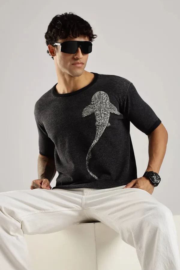 Black_Pure_100%_Pure_Cotton_Midnight_Whale_Jacquard_Crew_Neck_Knit_T-Shirt_For_Men