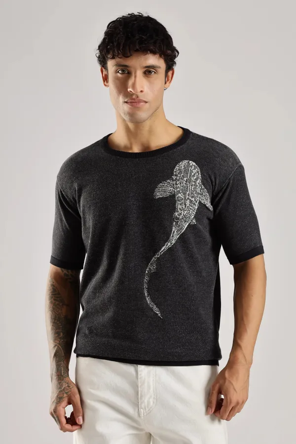 Black_Pure_100%_Pure_Cotton_Midnight_Whale_Jacquard_Crew_Neck_Knit_T-Shirt_For_Men