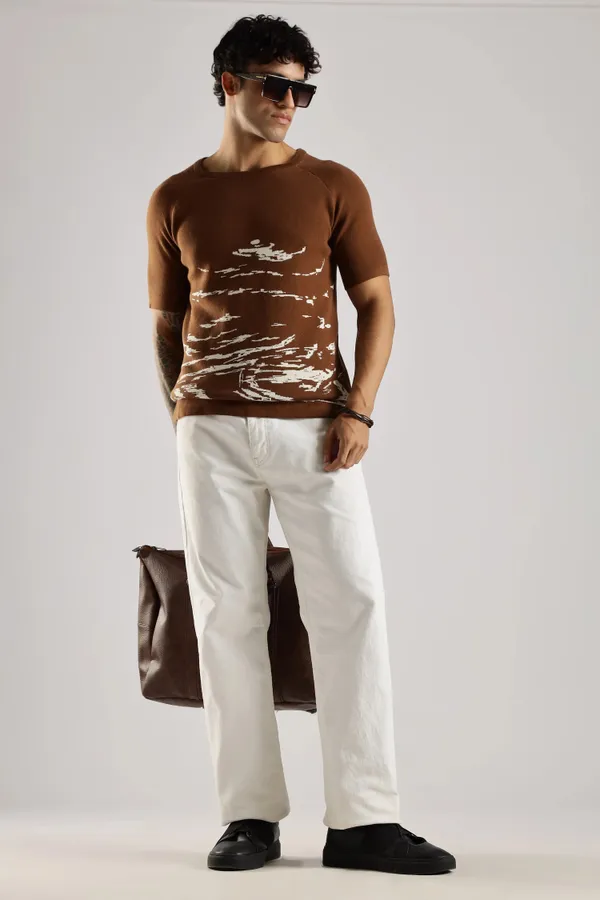 Sandstone_Brown_Pure_100%_Pure_Cotton_Jacquard_Crew_Neck_Knit_T-Shirt_For_Men