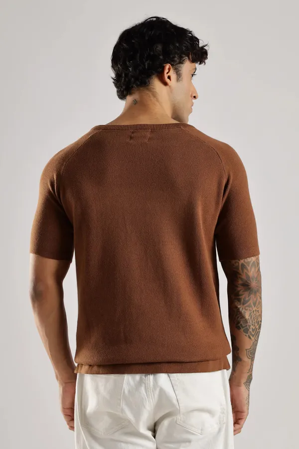 Sandstone_Brown_Pure_100%_Pure_Cotton_Jacquard_Crew_Neck_Knit_T-Shirt_For_Men