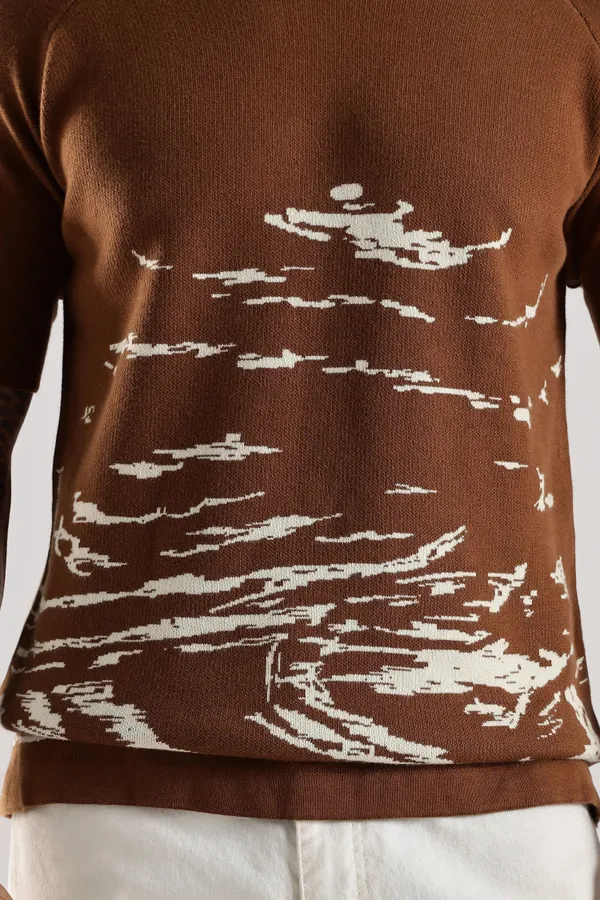 Sandstone_Brown_Pure_100%_Pure_Cotton_Jacquard_Crew_Neck_Knit_T-Shirt_For_Men