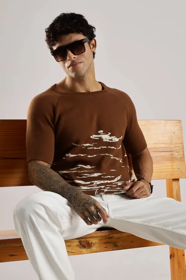 Sandstone_Brown_Pure_100%_Pure_Cotton_Jacquard_Crew_Neck_Knit_T-Shirt_For_Men