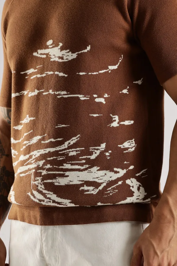 Sandstone_Brown_Pure_100%_Pure_Cotton_Jacquard_Crew_Neck_Knit_T-Shirt_For_Men