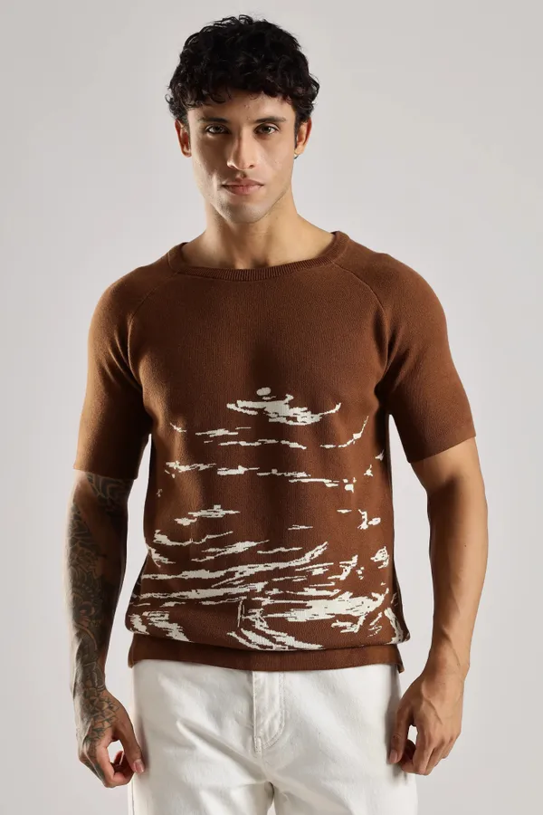 Sandstone_Brown_Pure_100%_Pure_Cotton_Jacquard_Crew_Neck_Knit_T-Shirt_For_Men