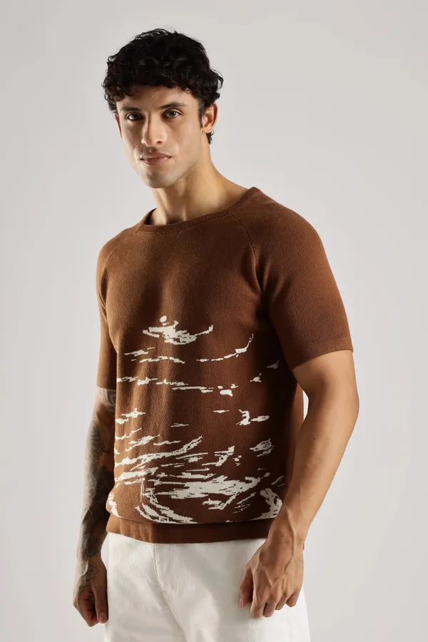 Sandstone_Brown_Pure_100%_Pure_Cotton_Jacquard_Crew_Neck_Knit_T-Shirt_For_Men