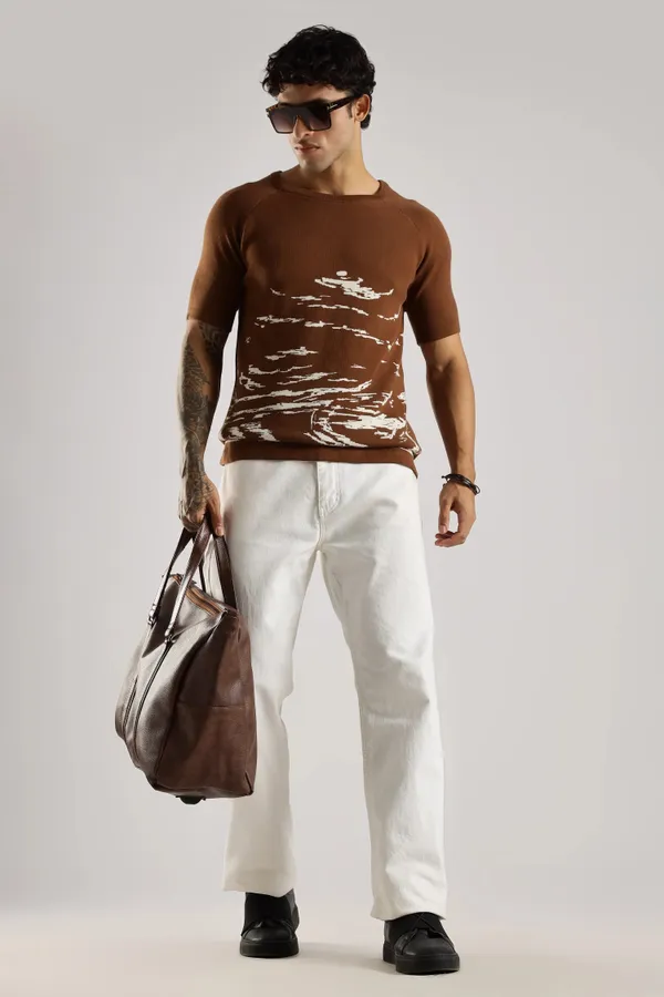 Sandstone_Brown_Pure_100%_Pure_Cotton_Jacquard_Crew_Neck_Knit_T-Shirt_For_Men