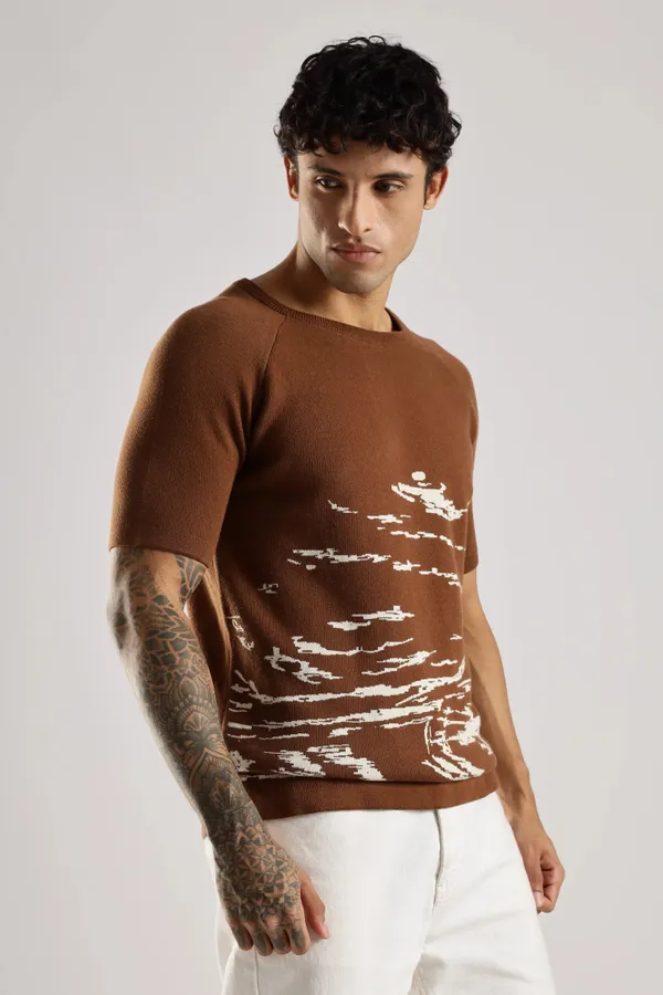 Sandstone_Brown_Pure_100%_Pure_Cotton_Jacquard_Crew_Neck_Knit_T-Shirt_For_Men