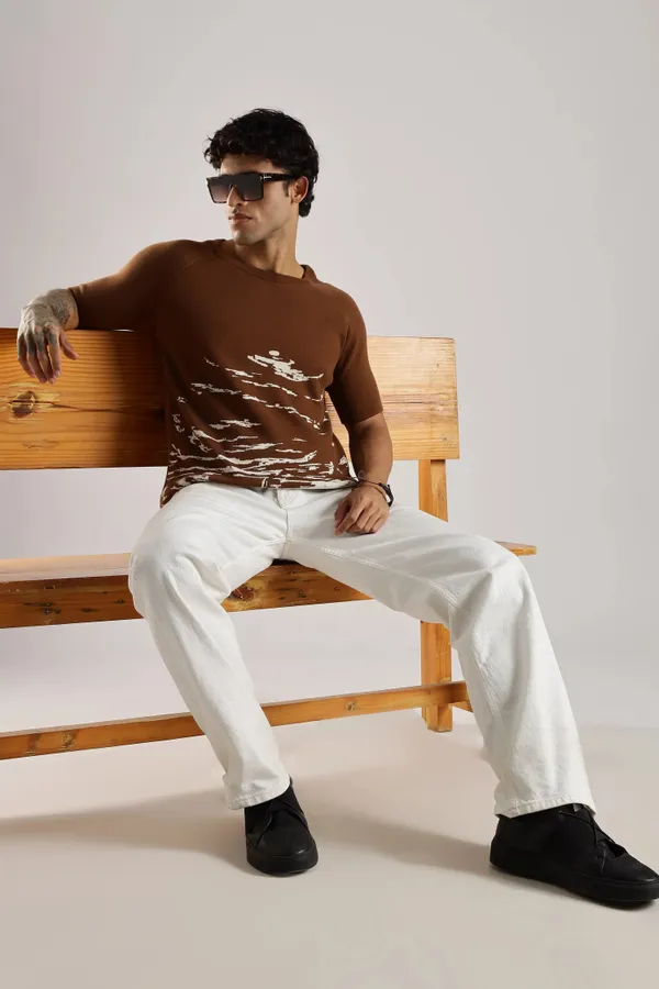 Sandstone_Brown_Pure_100%_Pure_Cotton_Jacquard_Crew_Neck_Knit_T-Shirt_For_Men