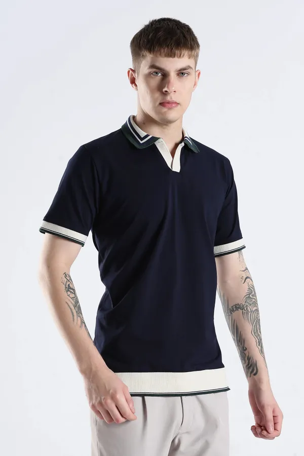 Navy_Blue_100%_Pure_Cotton_Spandex_Blend_Club_Collar_Polo_Knit_T-Shirt_For_Men