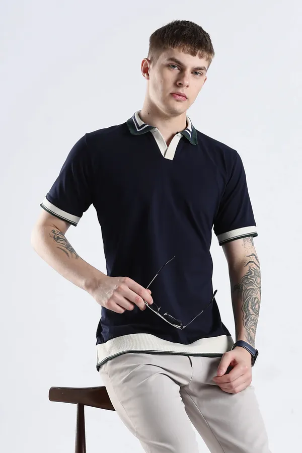 Navy_Blue_100%_Pure_Cotton_Spandex_Blend_Club_Collar_Polo_Knit_T-Shirt_For_Men
