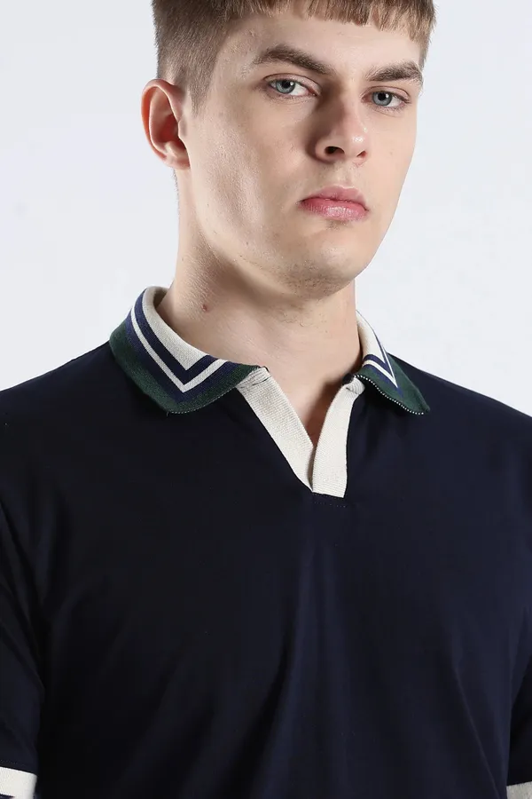 Navy_Blue_100%_Pure_Cotton_Spandex_Blend_Club_Collar_Polo_Knit_T-Shirt_For_Men
