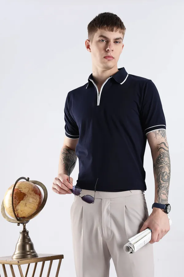 Navy_Blue_100%_Pure_Cotton_Spandex_Blend_Zip_Polo_T-Shirt_For_Men