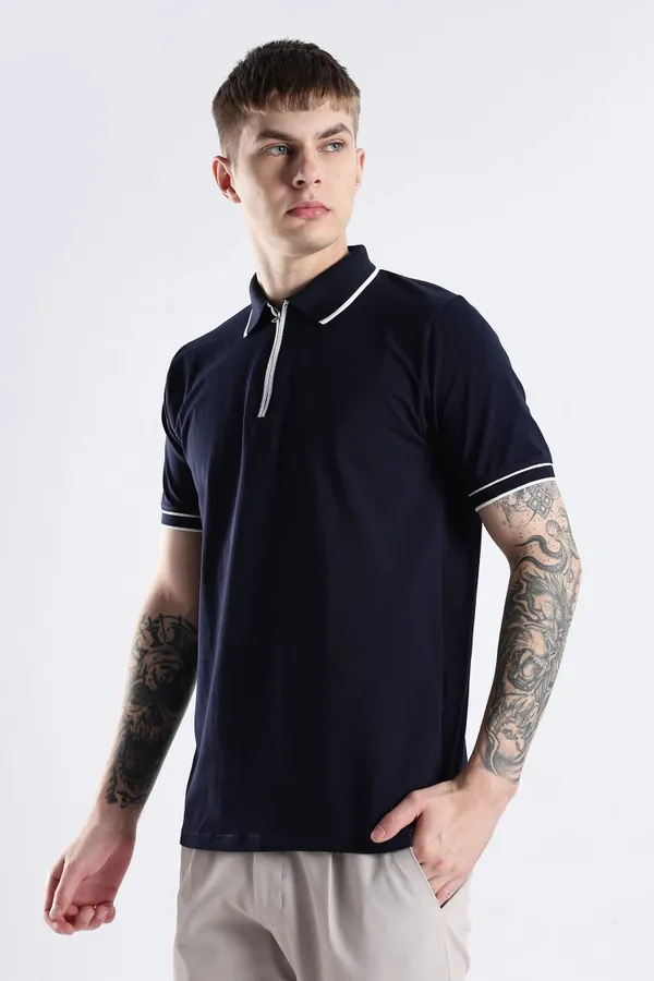 Navy_Blue_100%_Pure_Cotton_Spandex_Blend_Zip_Polo_T-Shirt_For_Men