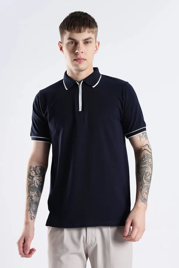 Navy_Blue_100%_Pure_Cotton_Spandex_Blend_Zip_Polo_T-Shirt_For_Men
