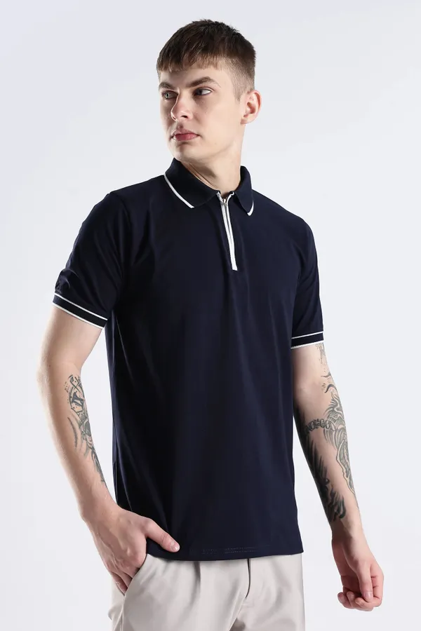 Navy_Blue_100%_Pure_Cotton_Spandex_Blend_Zip_Polo_T-Shirt_For_Men