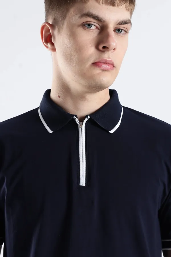 Navy_Blue_100%_Pure_Cotton_Spandex_Blend_Zip_Polo_T-Shirt_For_Men