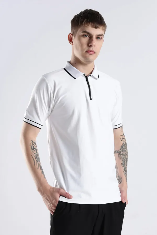 White_100%_Pure_Cotton_Spandex_Blend_Zip_Polo_T-Shirt_For_Men