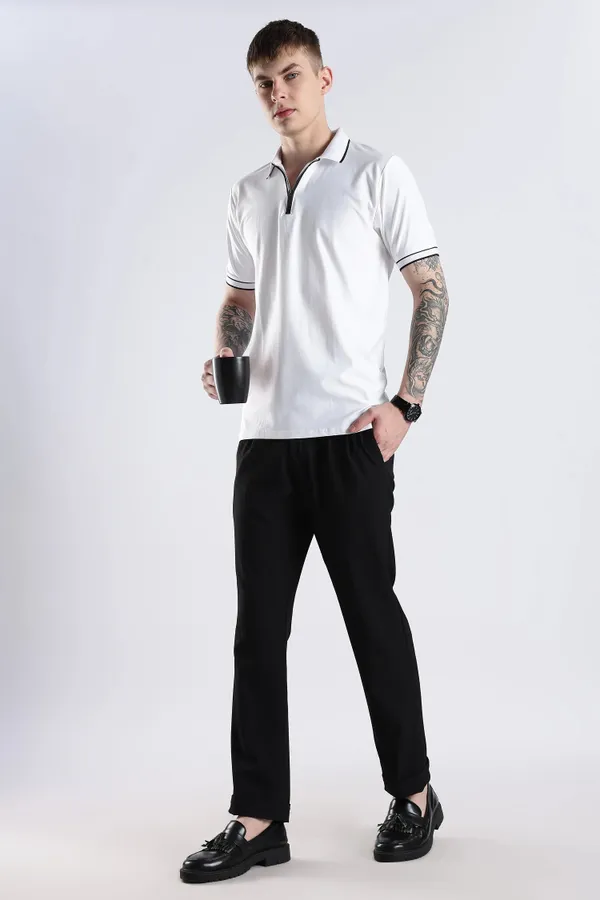 White_100%_Pure_Cotton_Spandex_Blend_Zip_Polo_T-Shirt_For_Men