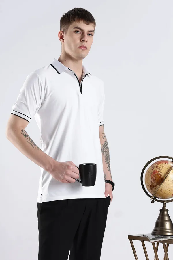 White_100%_Pure_Cotton_Spandex_Blend_Zip_Polo_T-Shirt_For_Men