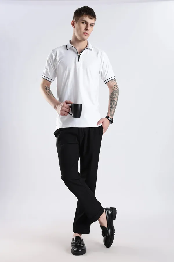 White_100%_Pure_Cotton_Spandex_Blend_Zip_Polo_T-Shirt_For_Men