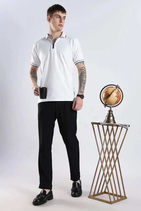 White_100%_Pure_Cotton_Spandex_Blend_Zip_Polo_T-Shirt_For_Men
